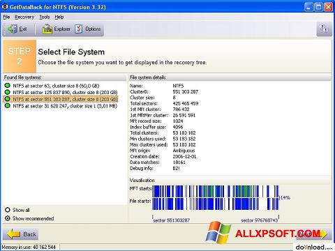 스크린 샷 GetDataBack Windows XP