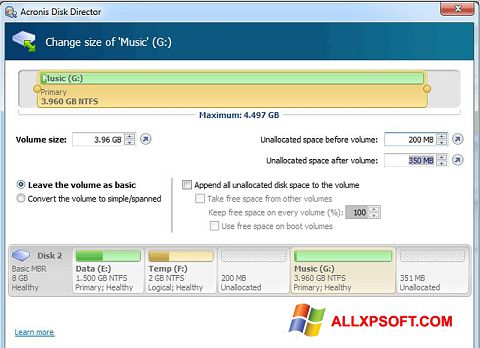 스크린 샷 Acronis Disk Director Suite Windows XP