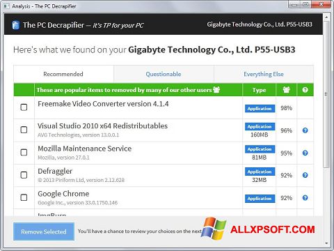 스크린 샷 PC Decrapifier Windows XP