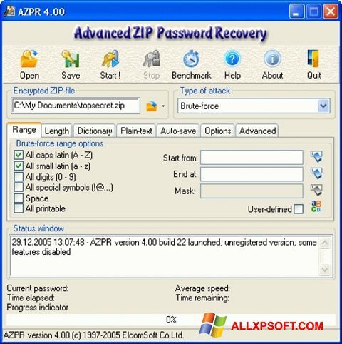 스크린 샷 Advanced Archive Password Recovery Windows XP