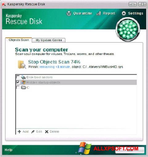 스크린 샷 Kaspersky Rescue Disk Windows XP
