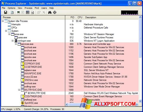 스크린 샷 Process Explorer Windows XP